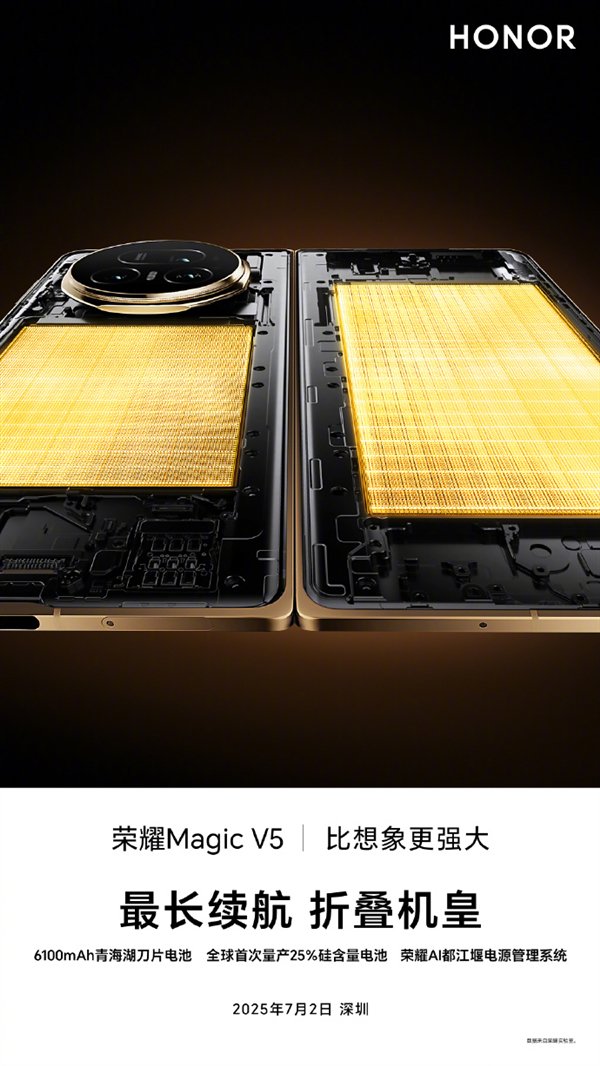 首發青海湖刀片電池!榮耀Magic V5在8.8mm機身塞入6100mAh電池