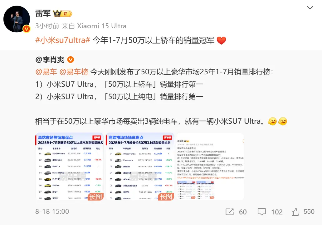 小米SU7 Ultra獲50萬以上豪華市場銷量冠軍 此前被曝催準車主付尾款